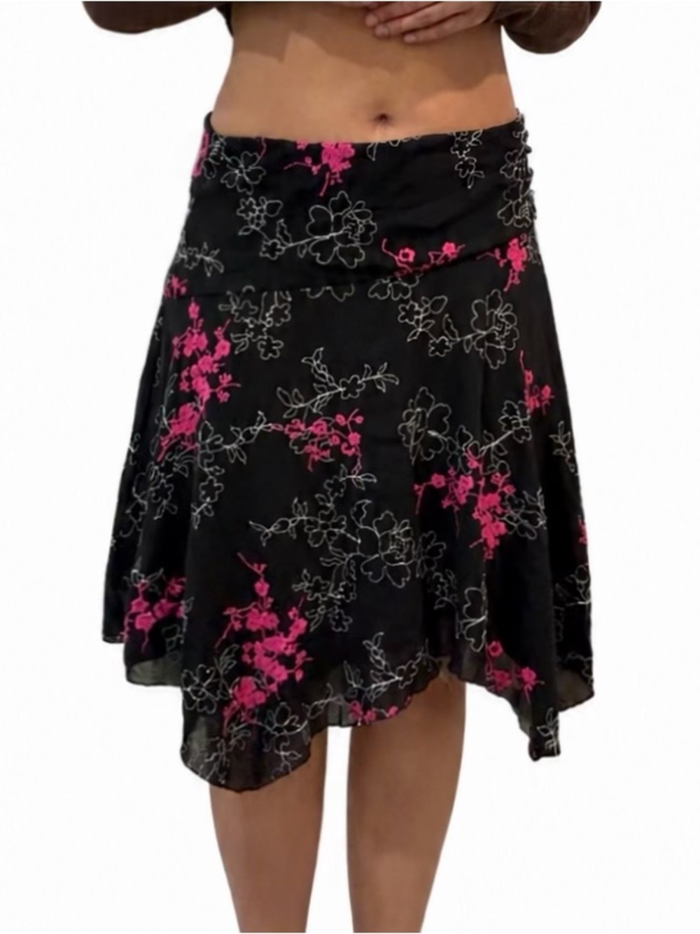 Black Fairy Midi Skirt with Floral Pink and White embroidery